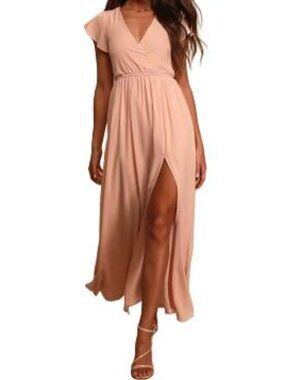 Lulus Nude Blush  Bridesmaid / Formal Maxi Dress Flutter Sleeve Formal Gown NWT